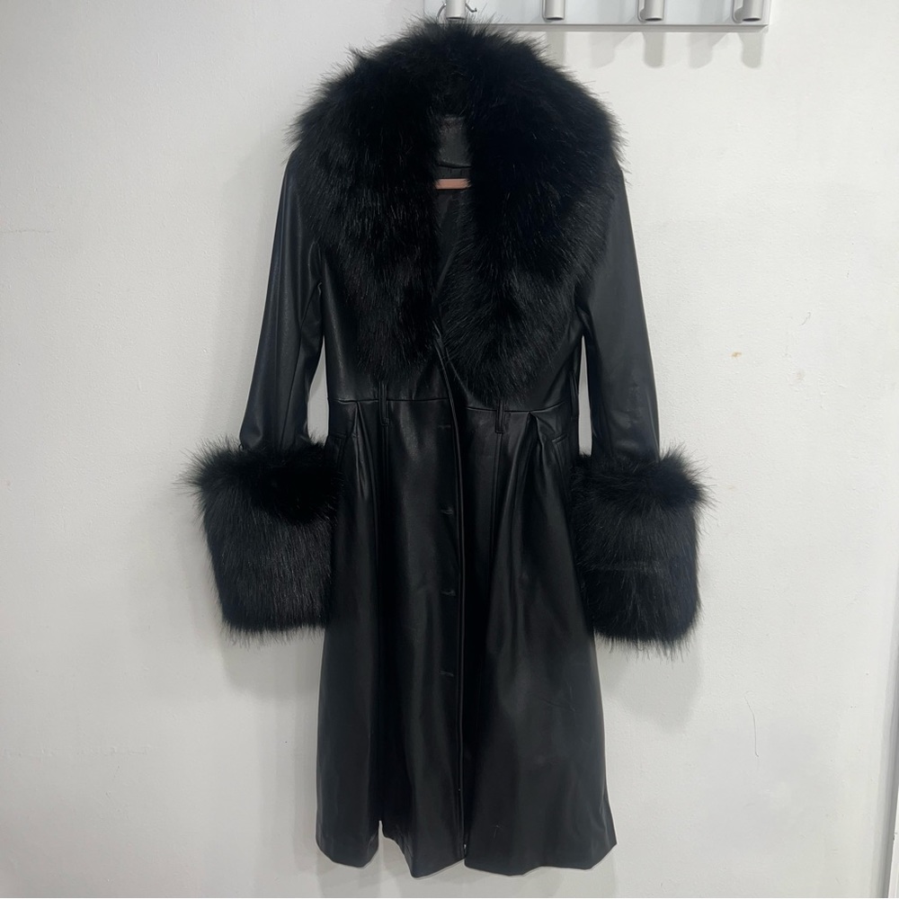 Penny Lane style Faux Fur trim vegan leather coat